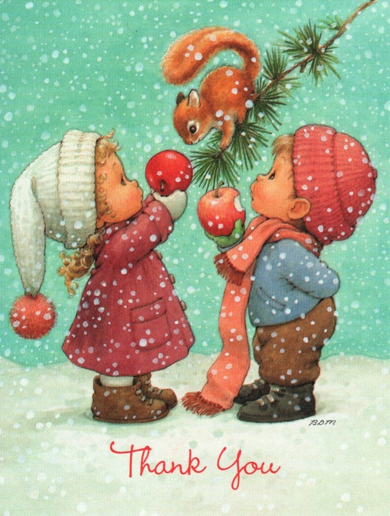 Thank You Christmas Boy Girl Squirrel & Apples Bill Morehead Cards – Set of 2