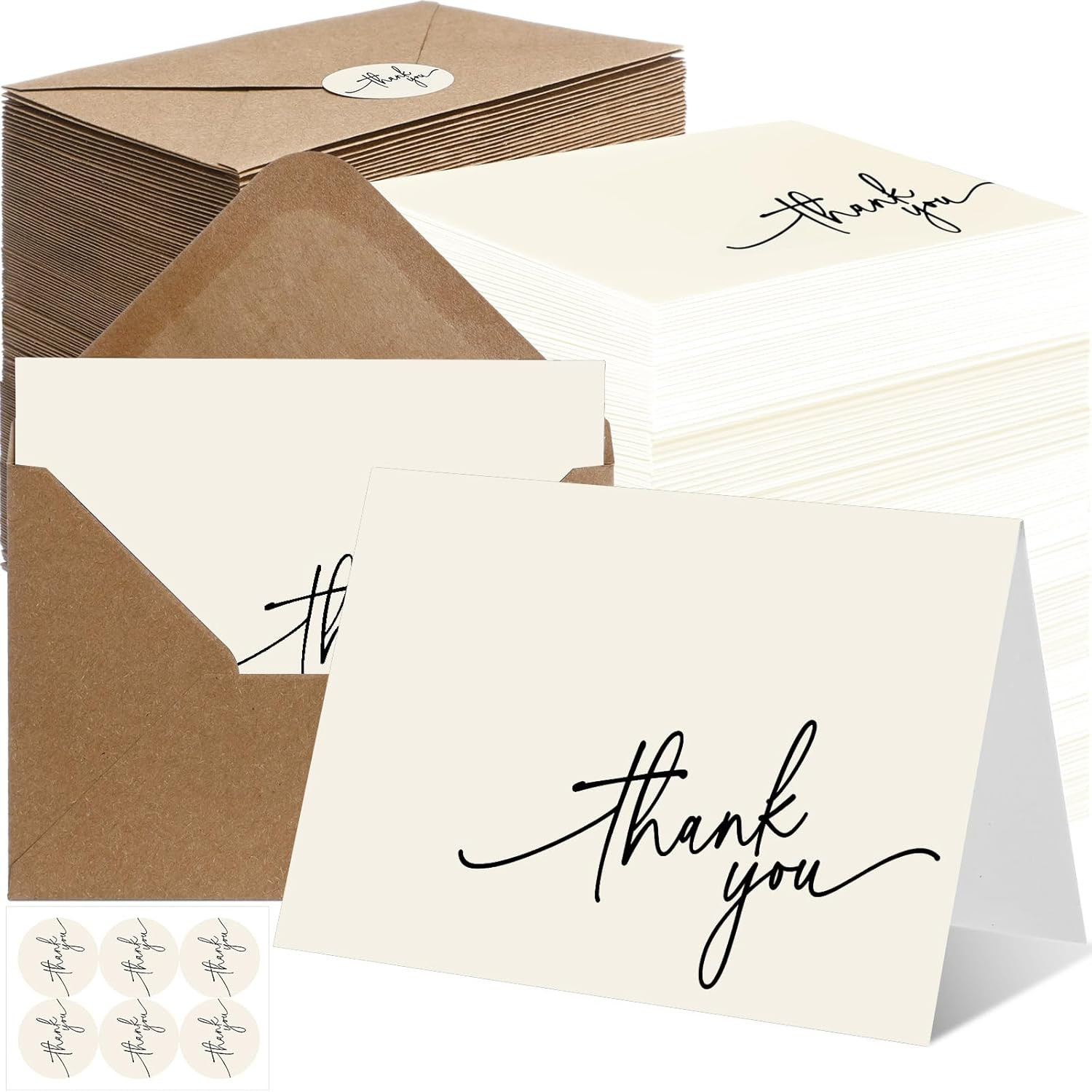 200 Pcs Thank You Cards with Kraft Envelopes and Stickers Bulk, 3.5 X 5 Inch Cla