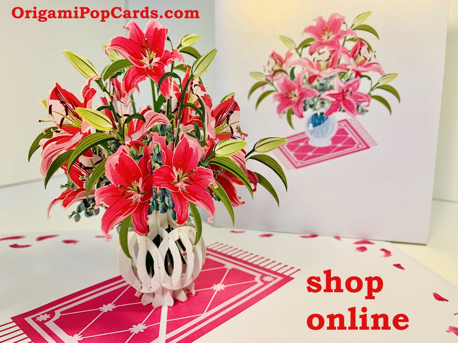 Origami Pop Cards Pink Lilies Flower 3D Pop Up Greeting Card Birthday Birthday