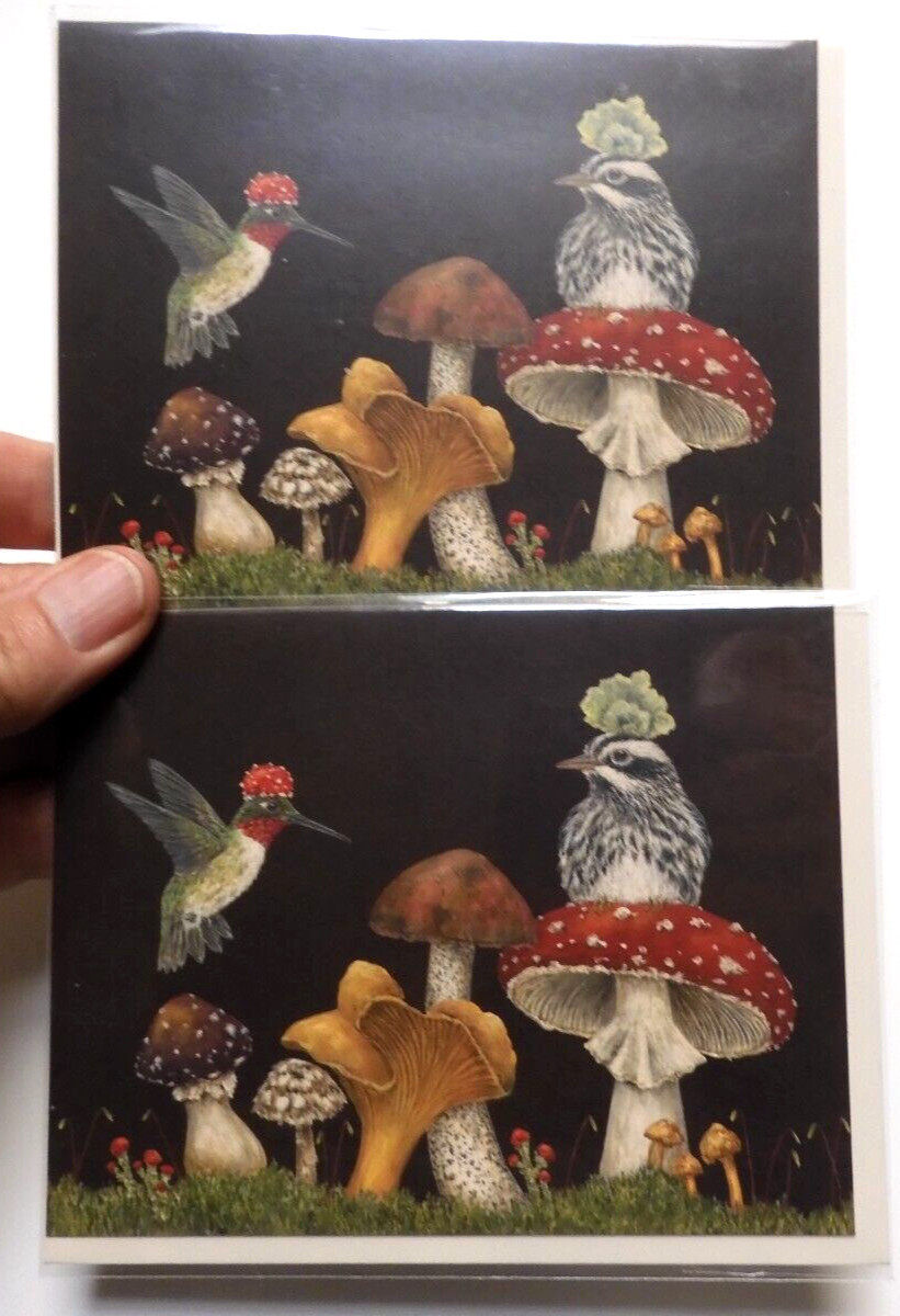 2 Hester & Cook Cards Hummingbird Mushrooms By Vicki Sawyer Blank Inside
