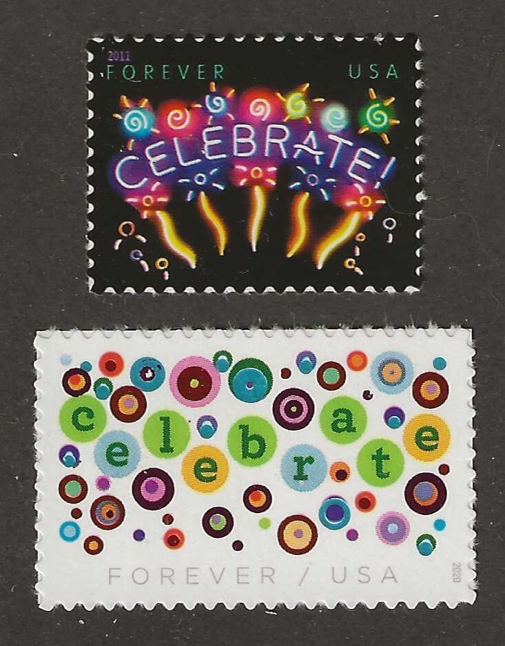 CELEBRATE! – SET OF 2 U.S. FOREVER POSTAGE STAMPS – BIRTHDAY, GRADUATION, ETC.