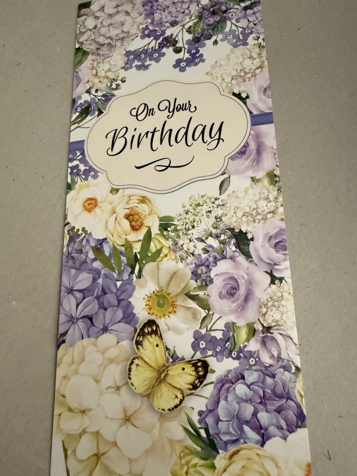 “On Your Birthday” – purple and lavender -approx 3.5″ X 8.25″