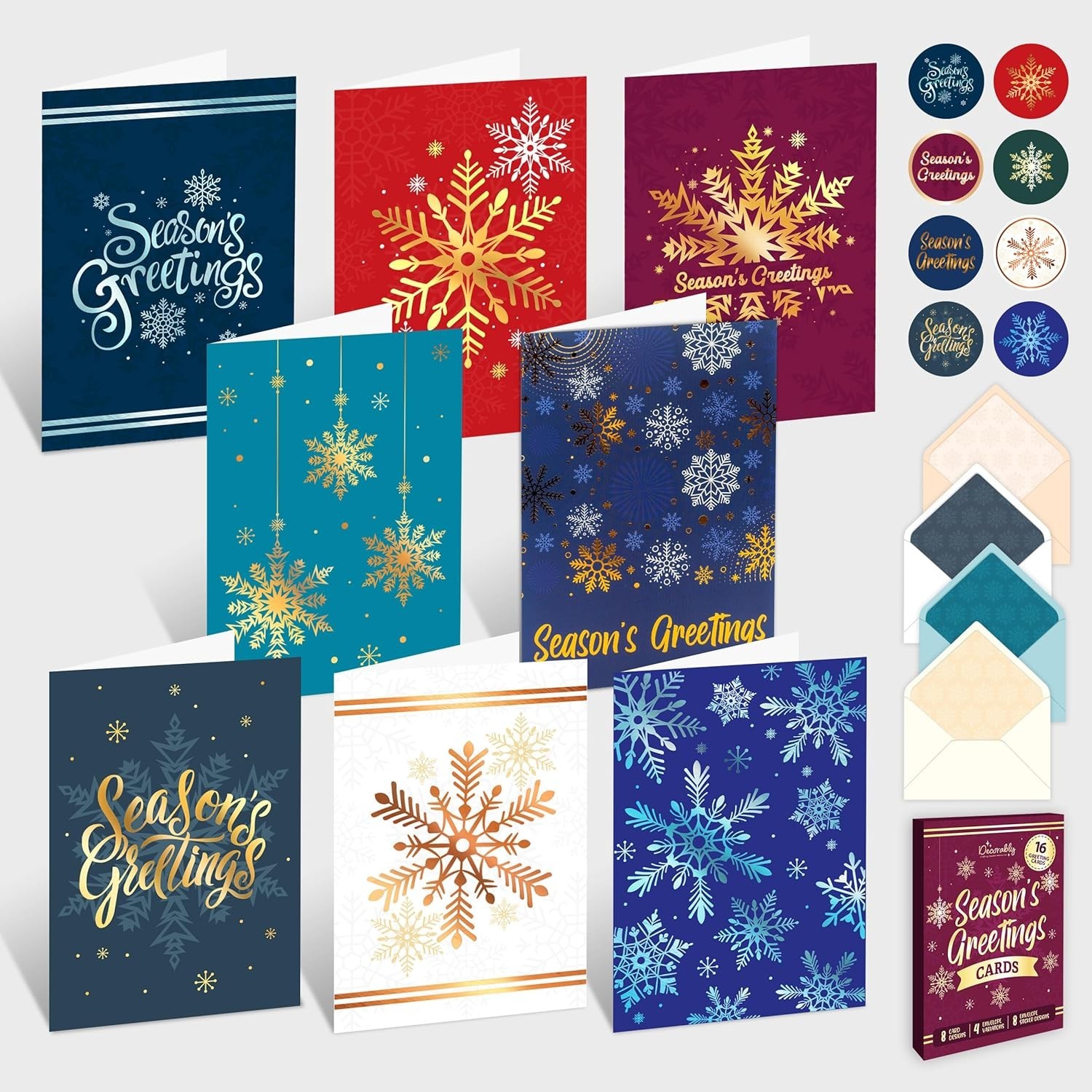 16 Pack Foiled 5x7in Snowflakes Happy Holidays Cards with Envelopes and Stickers