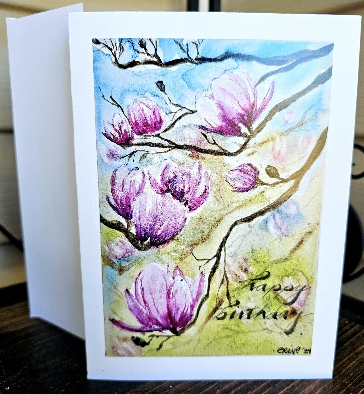 Watercolor Original Art Print Birthday Greeting Card W/Env 5×7 Tulip Tree