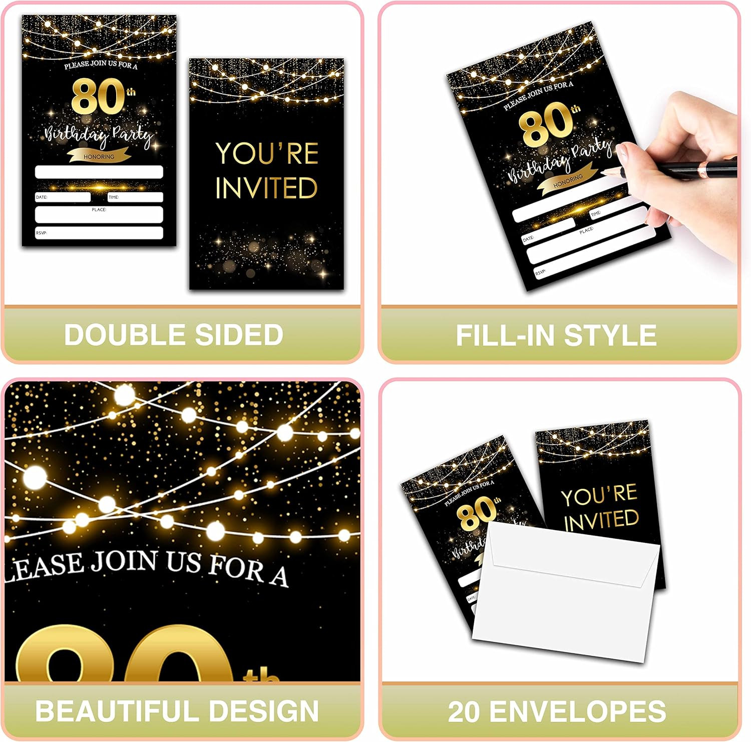 80th Birthday Invitations with Envelopes – Black Gold Glitter Fill-in Invites Ca
