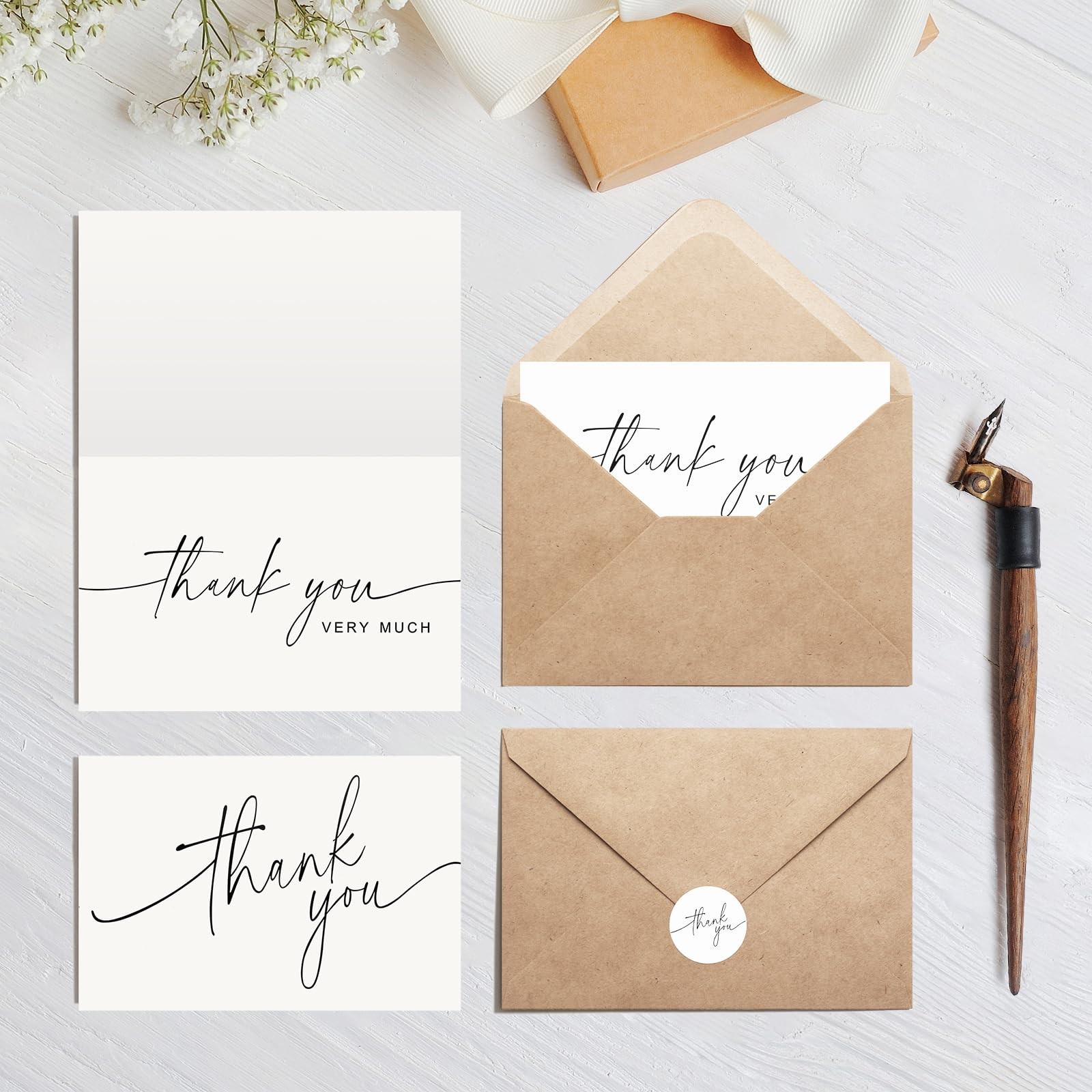 100 PACK Thank You Cards Bulk with Kraft Envelopes and 4X6 inches, White