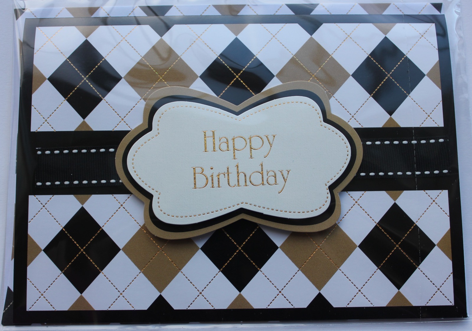 *BURGOYNE Happy Birthday Handmade 3D Greeting Card ~ Embellished Argyle Design