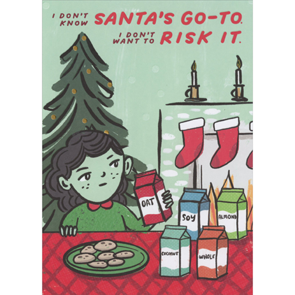 Girl Putting Milk Substitutes on Table for Santa Funny / Humorous Christmas Card