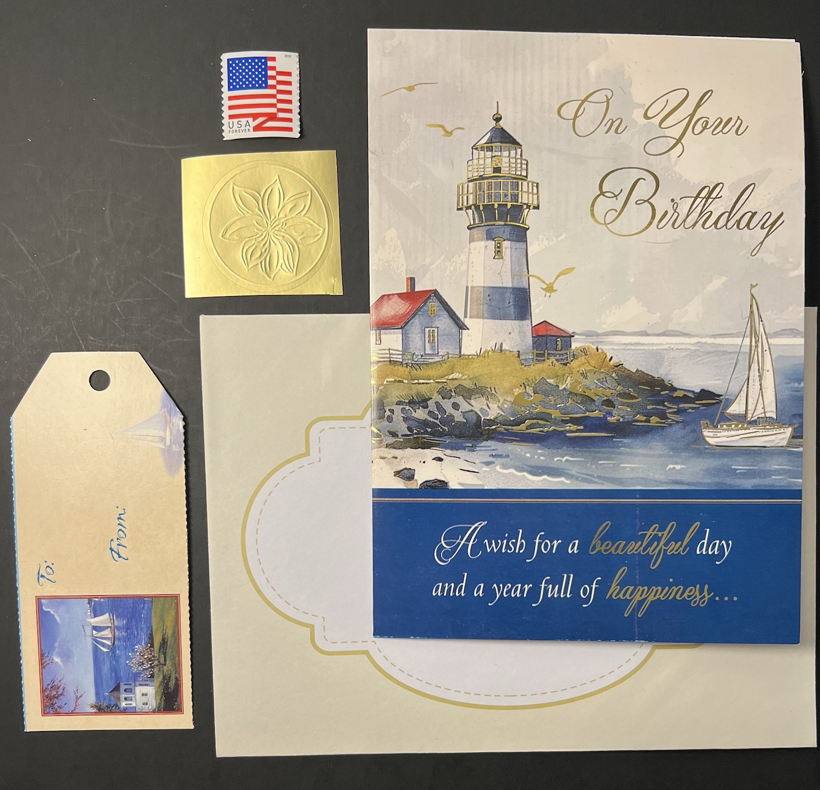 Nautical Lighthouse Art BIRTHDAY Card by Alexandra Gray w/Env/Gift Tag/Stamp BN