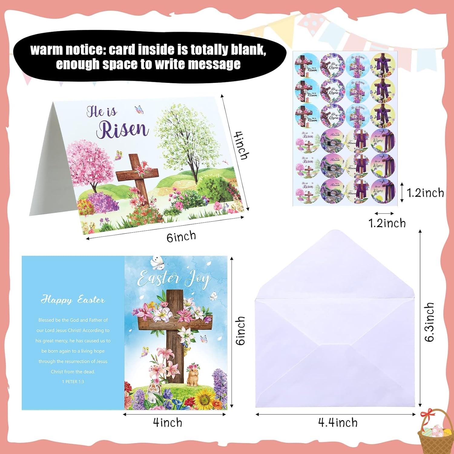 Easter Greeting Card Set with Envelopes and Stickers – 24 Religious Cards