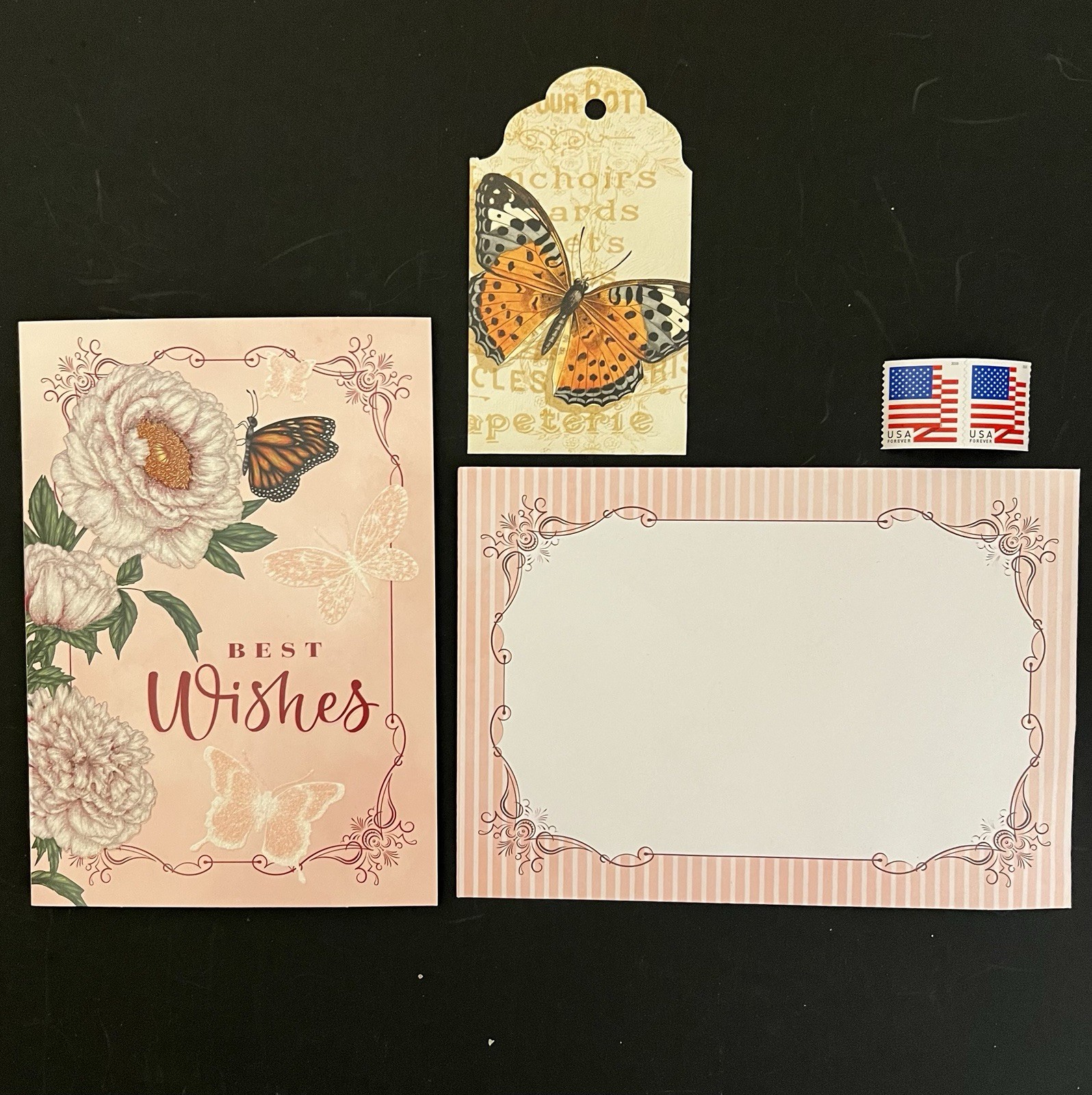 Beautiful Best Wishes Card Env/Stamps/Gift Tag BN Pink White Floral Butterflies