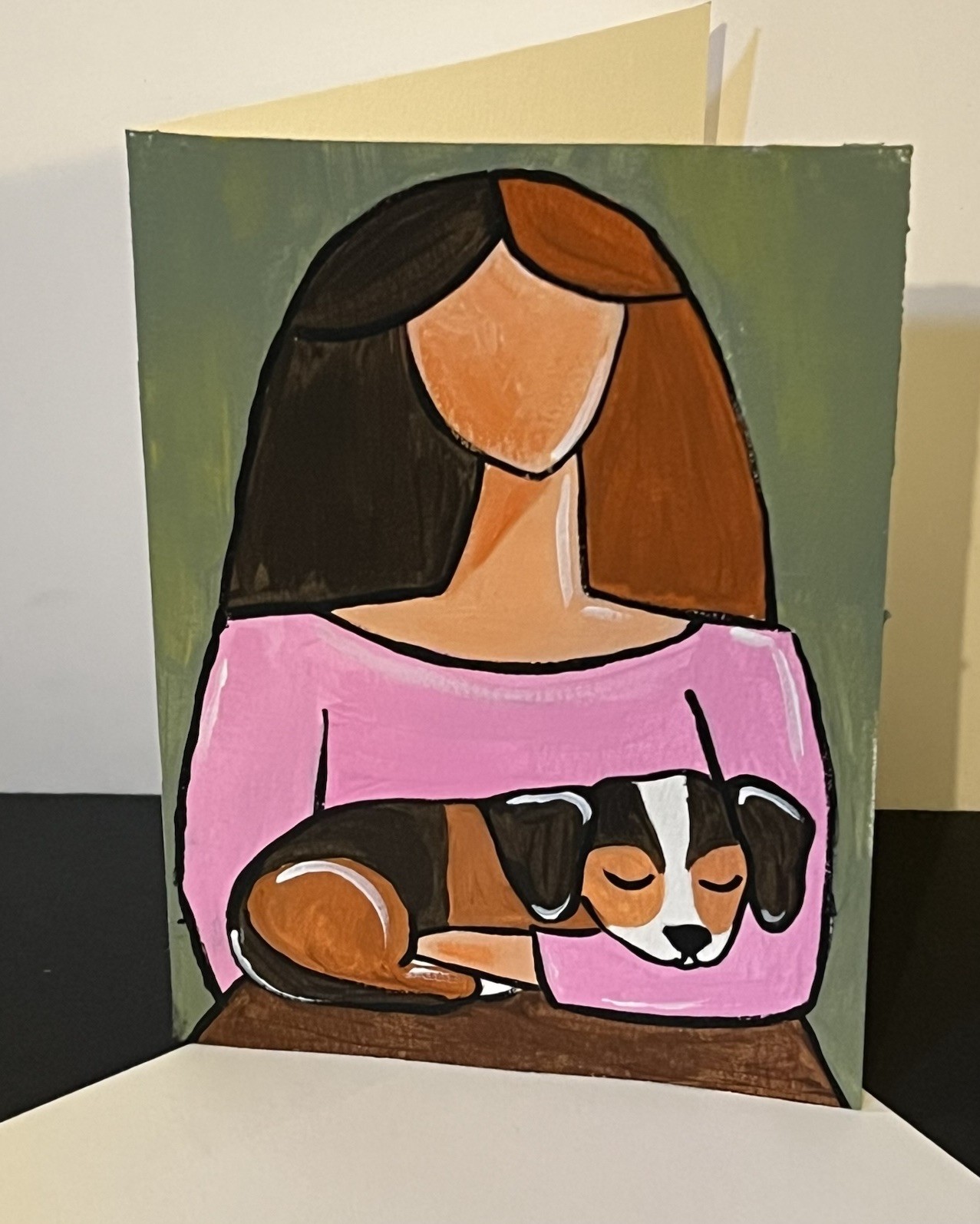 Beagle & Lady Hand-Painted Original Framable Blank Greeting Card 5×7” W/Envelope