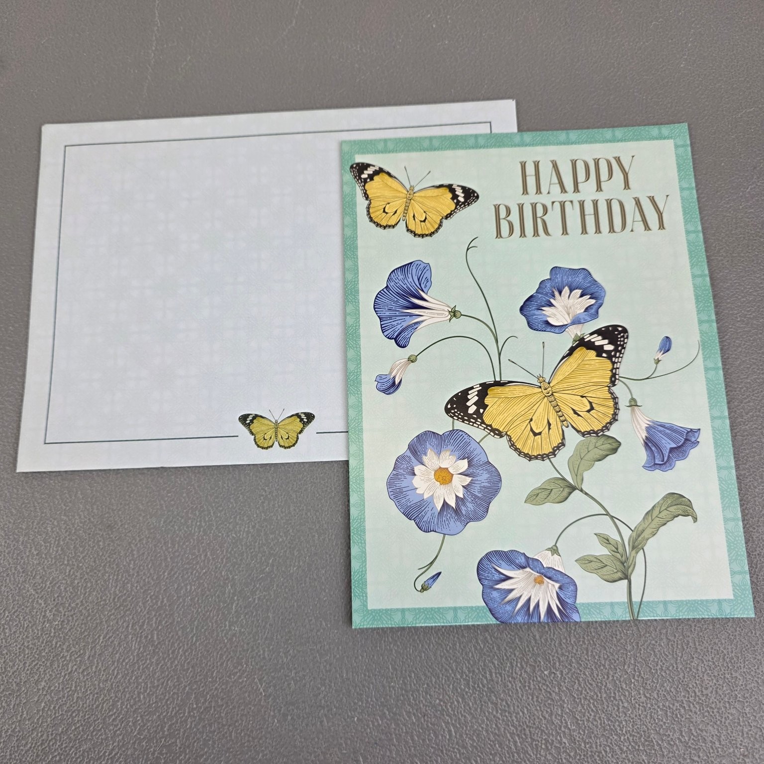 Happy Birthday Greeting Card Butterfly Floral Blue Flowers w/ Envelope Nature