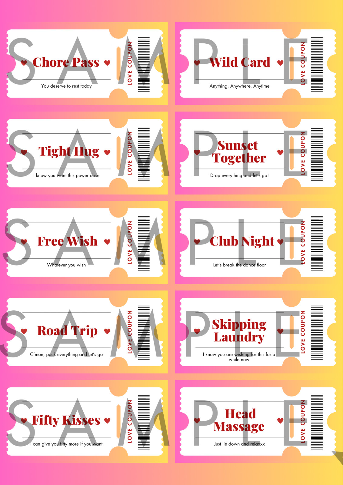 40 Printable Love Coupons MEGA PACK, 30 Pre-filled & 10 Blank Cards, Valentine’s