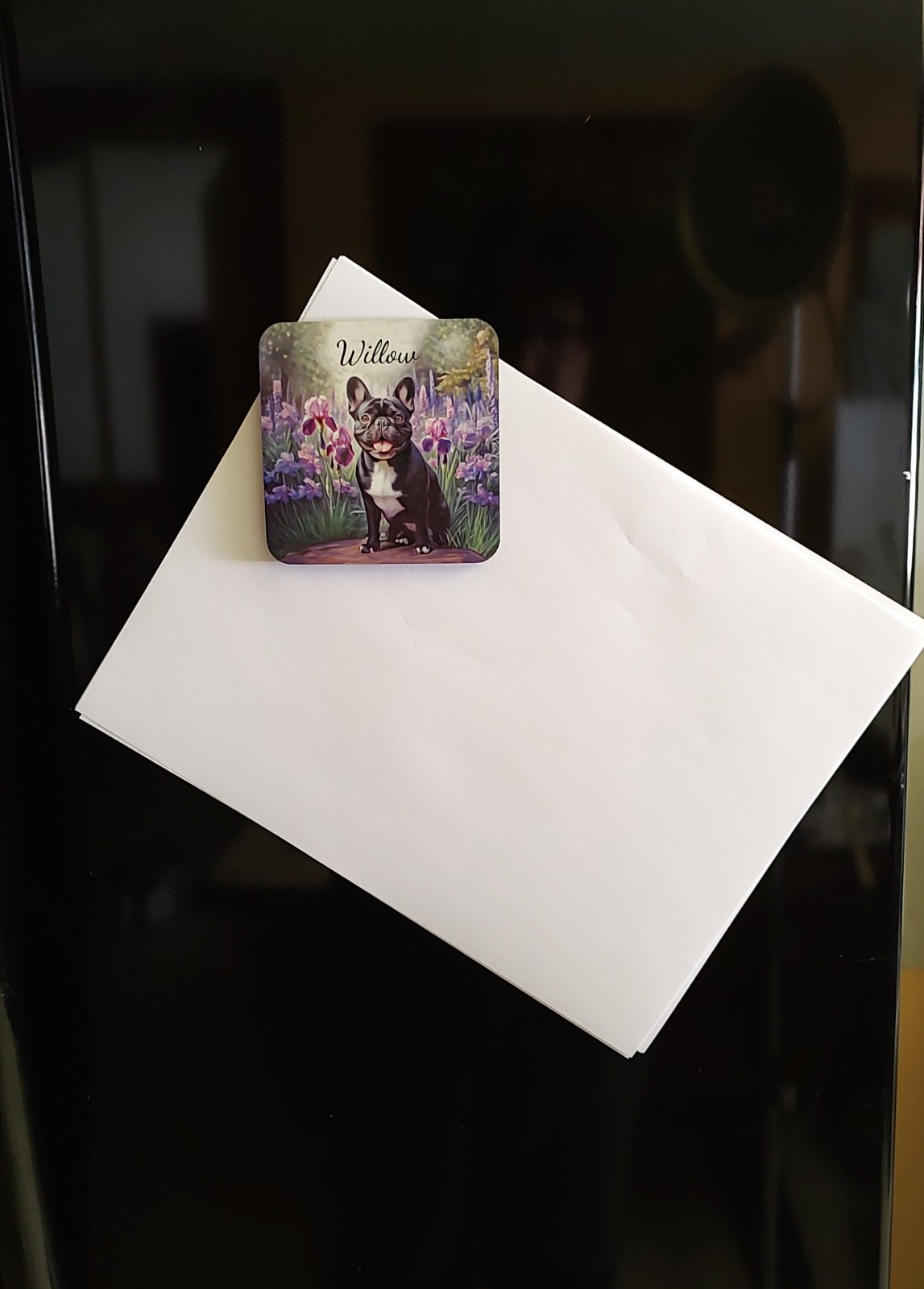 Black Pug Dog Irises Fridge Magnet 3.75″ square