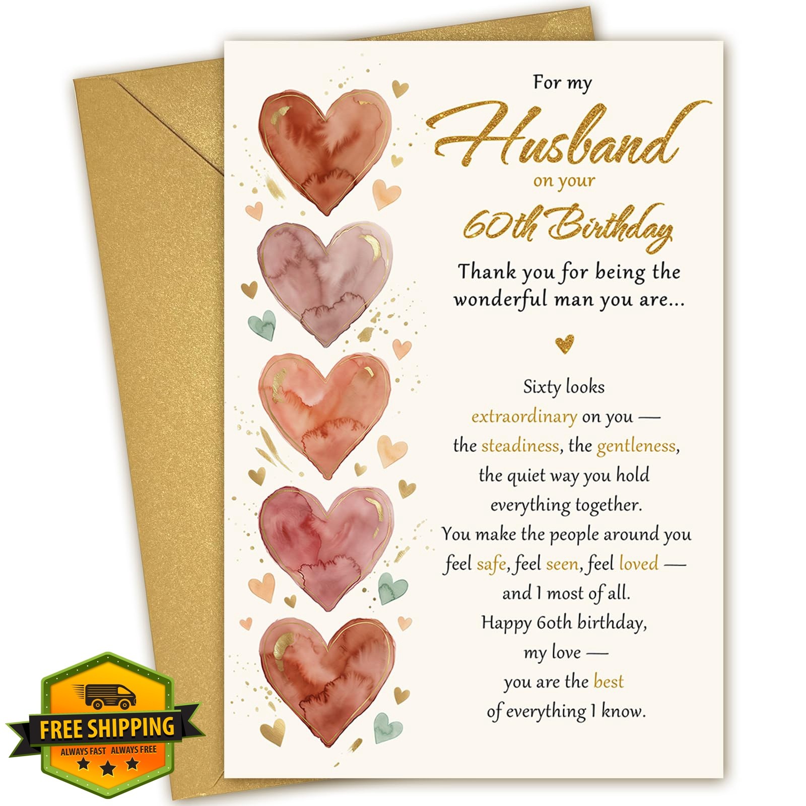 BRYUBR 60th Birthday Card Husband Watercolor Heart