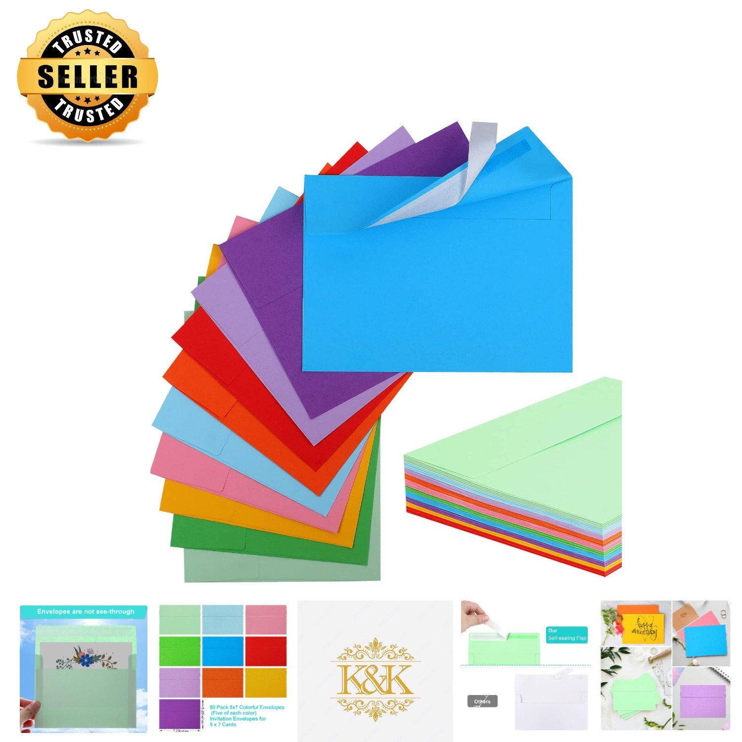 5×7 A7 Colored Envelopes – 50 Pack Self-Sealing for Weddings & Events
