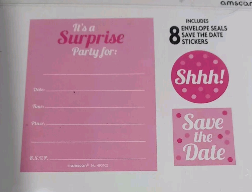 SHHH! Its A Surprise Party / Save The Date 8 Envelopes and & Invitations NEW