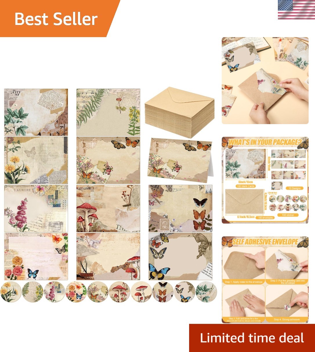 100 Pcs Nature Vintage Design Blank Greeting Cards 4×6, Rustic Butterfly Blan…