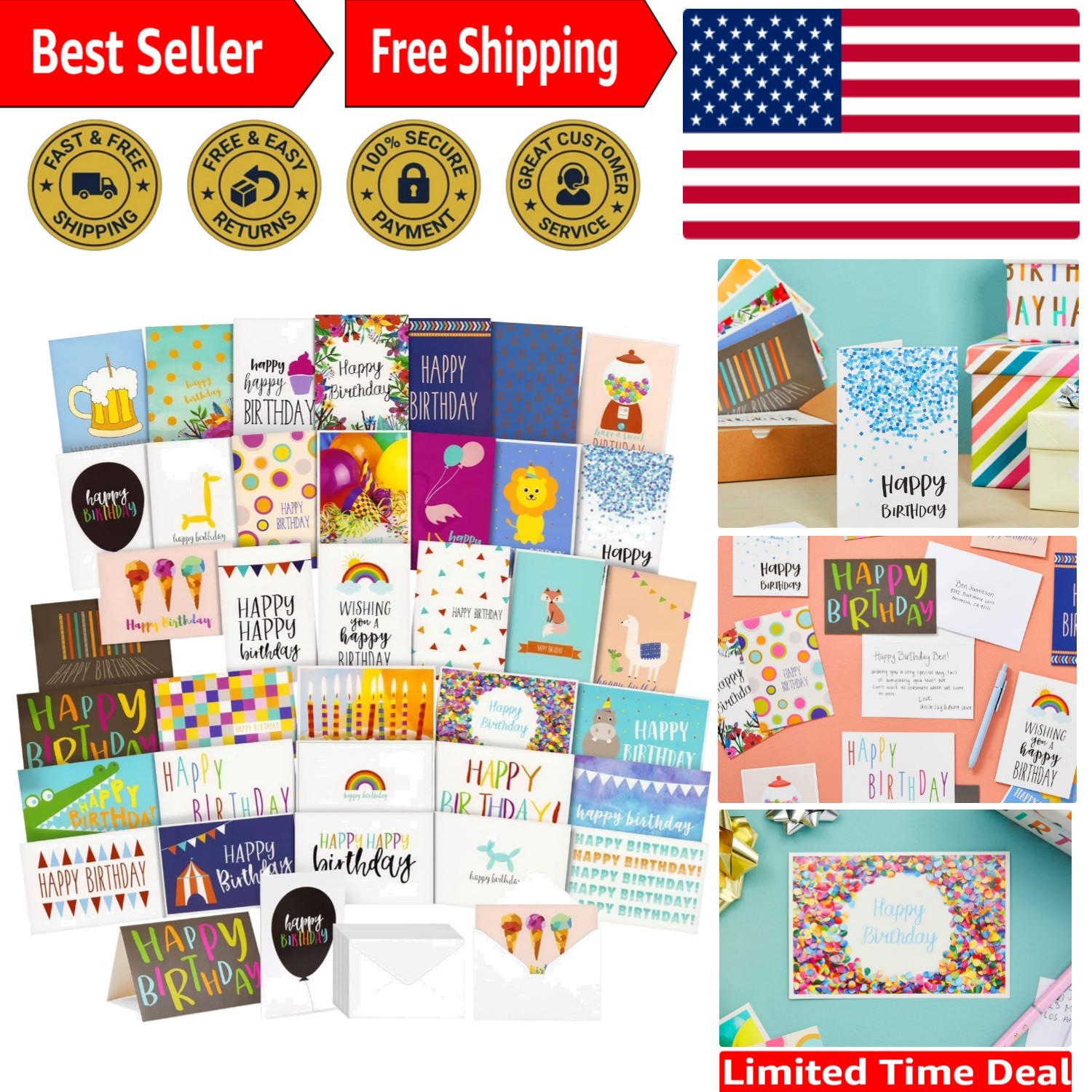 Multicolor Birthday Cards Variety Pack – 36 Blank Cards with Envelopes Included