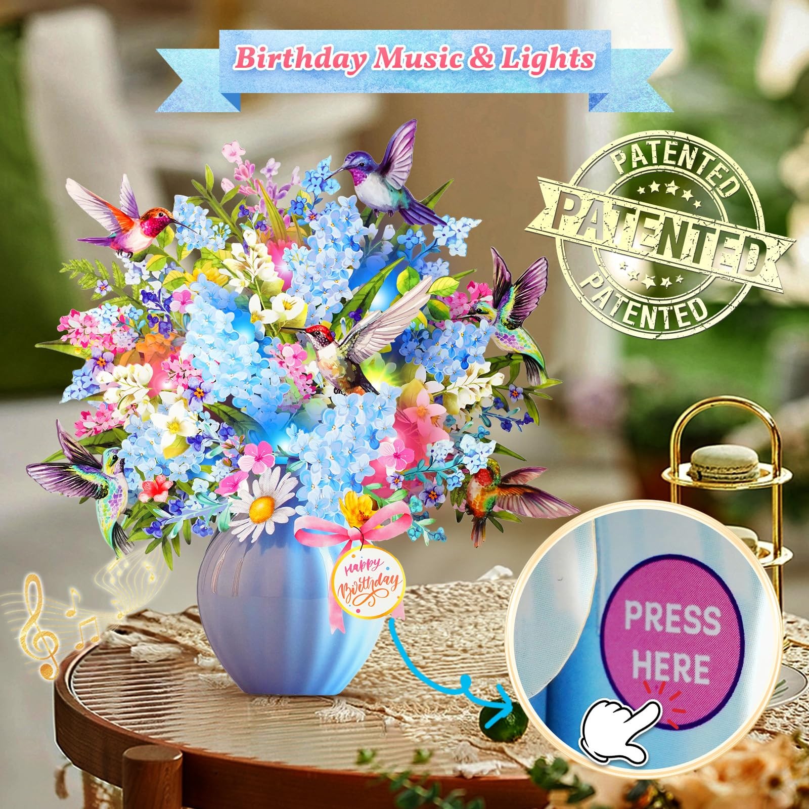 Birthday Card, Hummingbird Birthday Card with Music and Lights, Flower Bouque…
