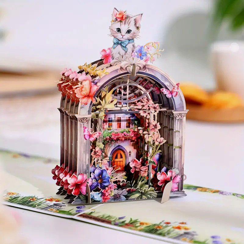 3D Pop-Up Greeting Card, Env., Note Card, & Seal for Any Occasion -Cat on Garden