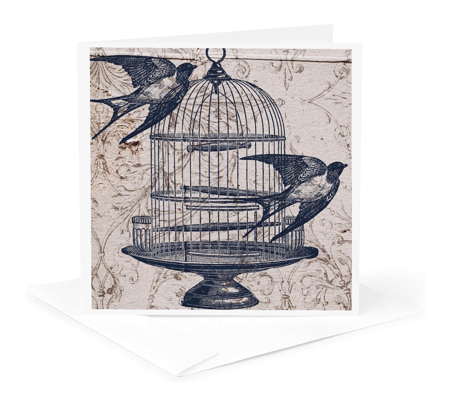 Vintage Birds Bird Cage Steampunk Art Greeting Card 6×6 Inches Single