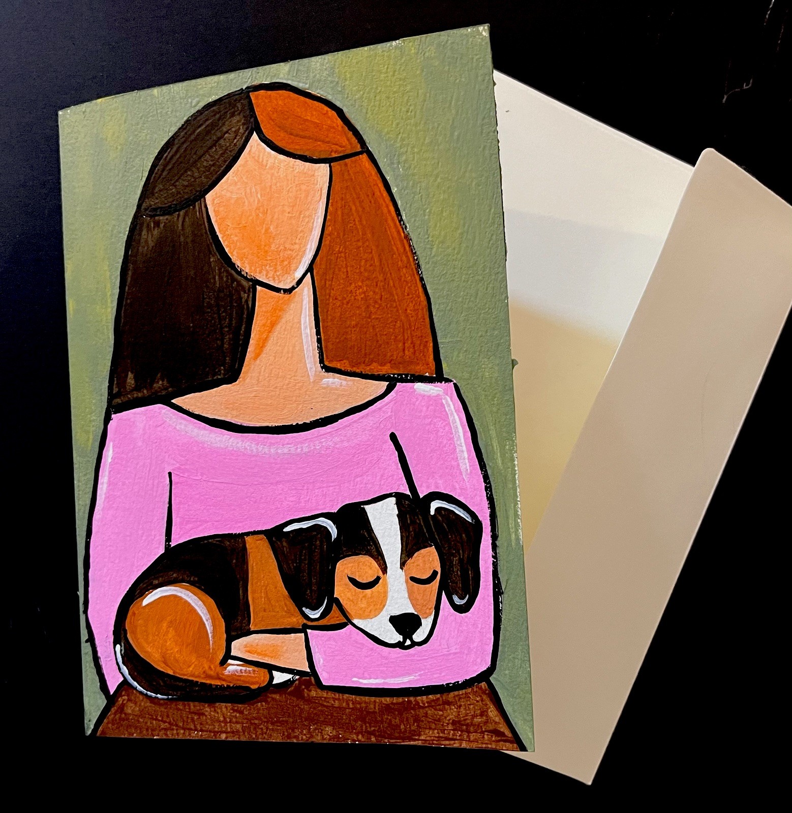 Beagle & Lady Hand-Painted Original Framable Blank Greeting Card 5×7” W/Envelope