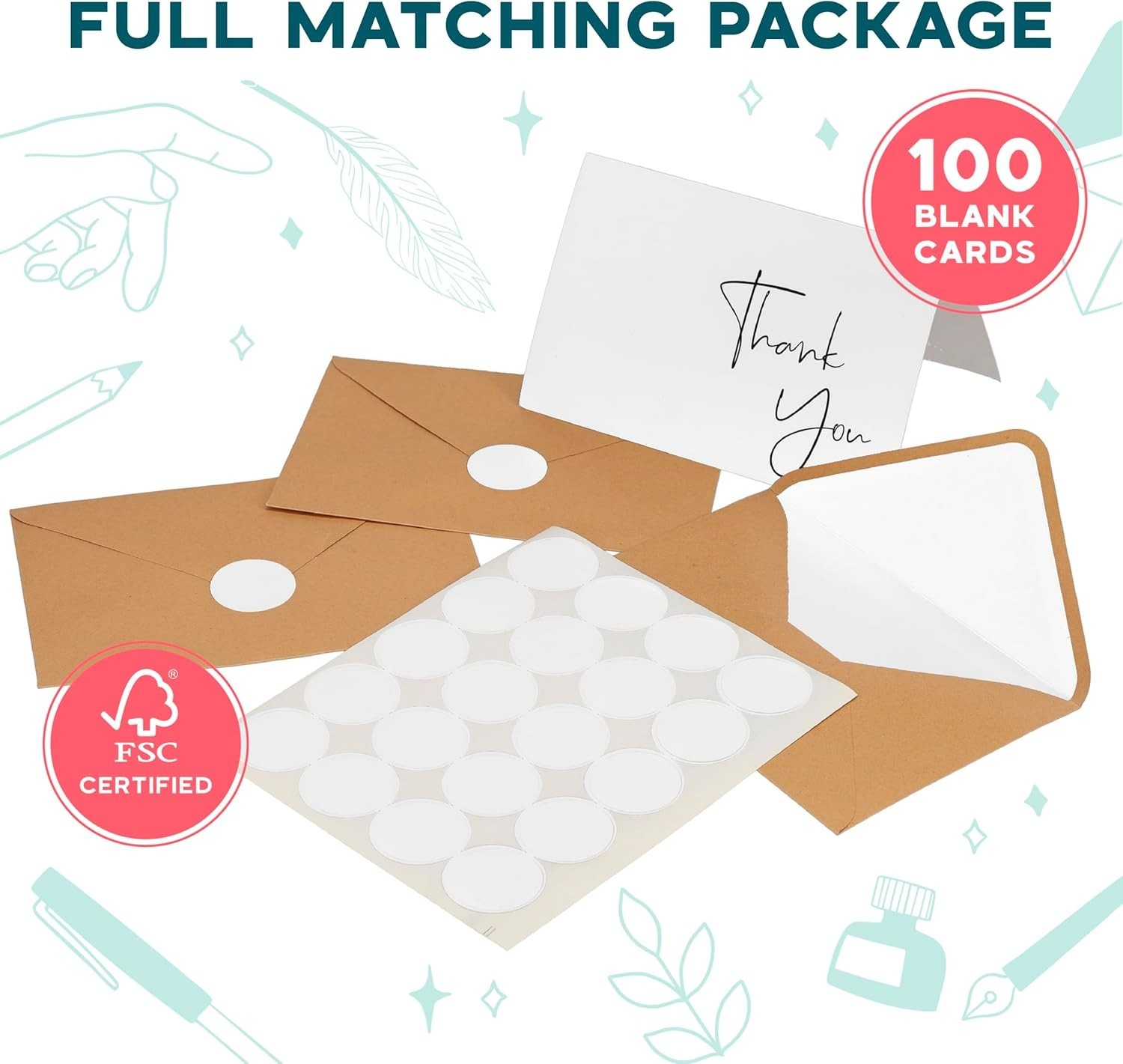Thank You Cards With Envelopes Bulk Set & Stickers – 100 Pack 4×6 Blank Thank…