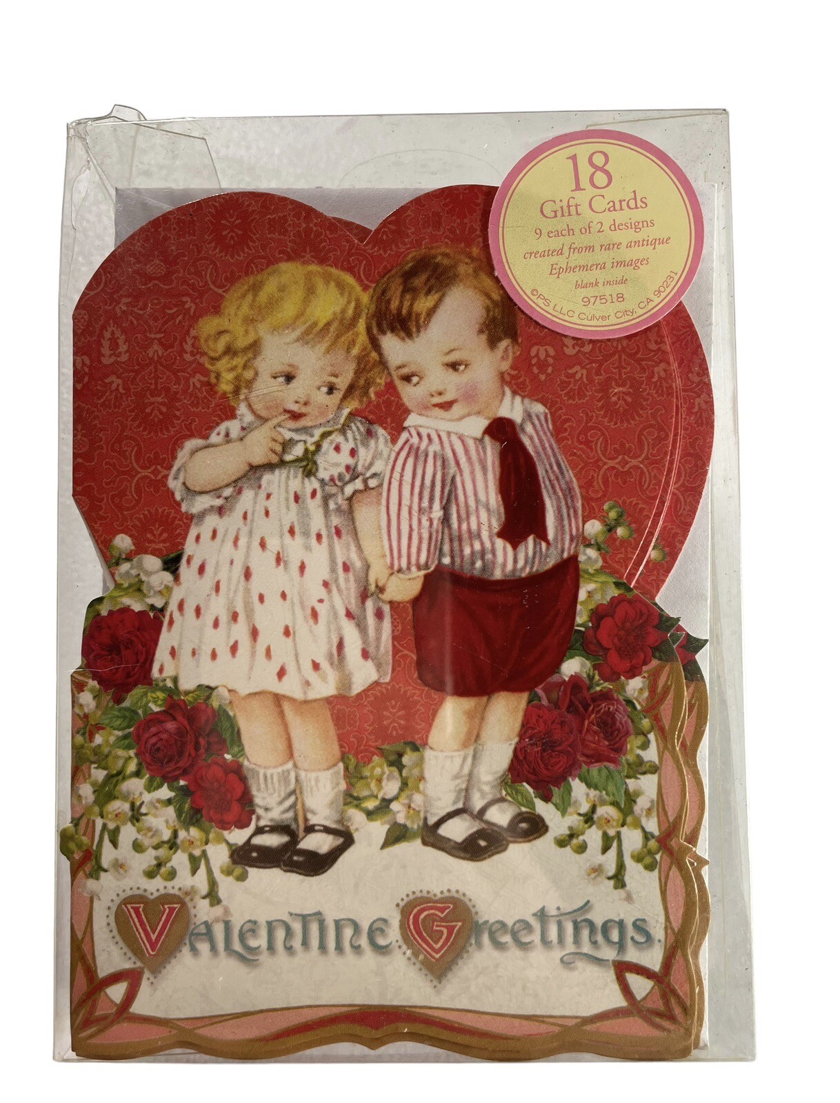 Valentines Day Cards & Envelopes Antique Style Ephemera 2 Images 18 Pack New Box