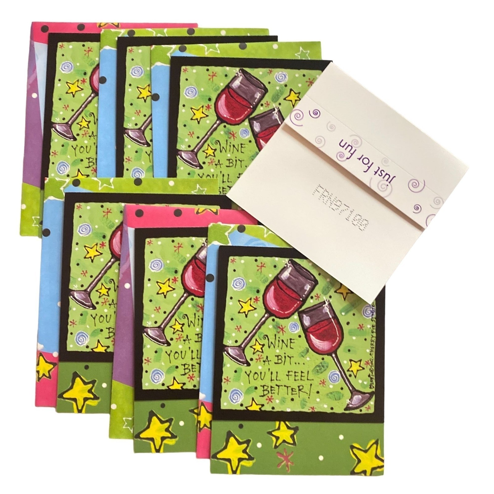 JUST FOR FUN Vintage 6/pk Note Cards Leanin’ Tree Lori Wiseman Wine Glasses NOS