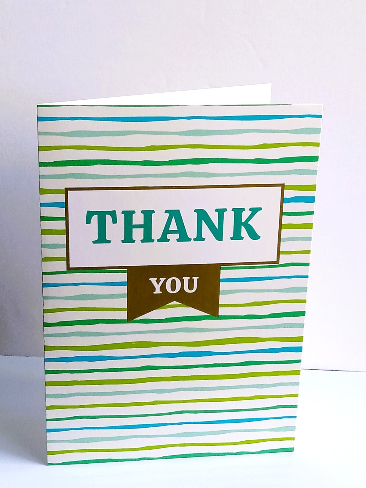 Thank You Greeting Card, Blue, White, Green, Brown, Blank