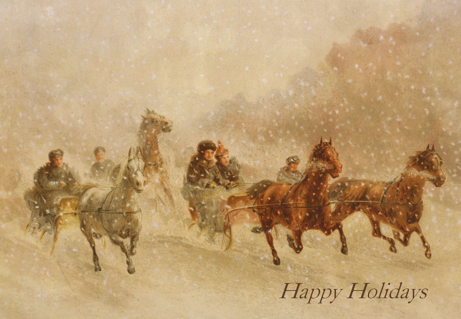 Sleigh Race in Snowstorm. “Happy Holidays” Vintage Victorian art landscape card