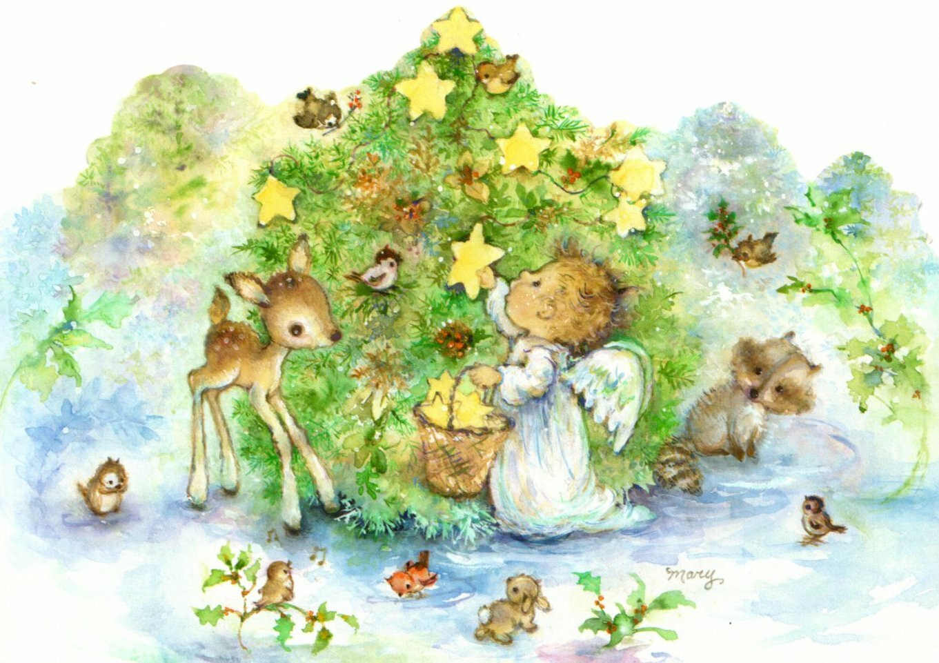 Mary Hamilton Christmas Angel Gabriel Deer & Animals Cherub Card By Hallmark