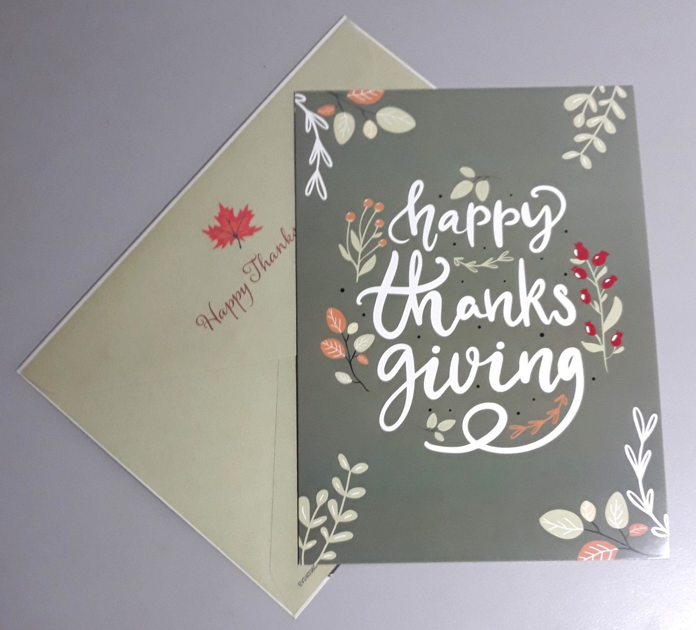His Delight Happy Thanksgiving Card 2023 Autumn Leaves Green w/ Prayer on Back