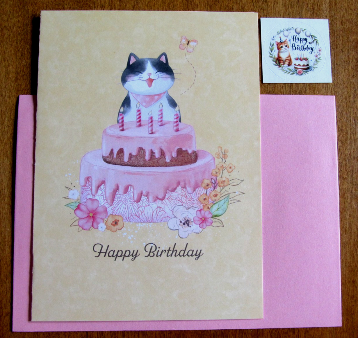 NOS Current Birthday Greeting Card, Env. & Seal – B&W Kitten Near Birthday Cake