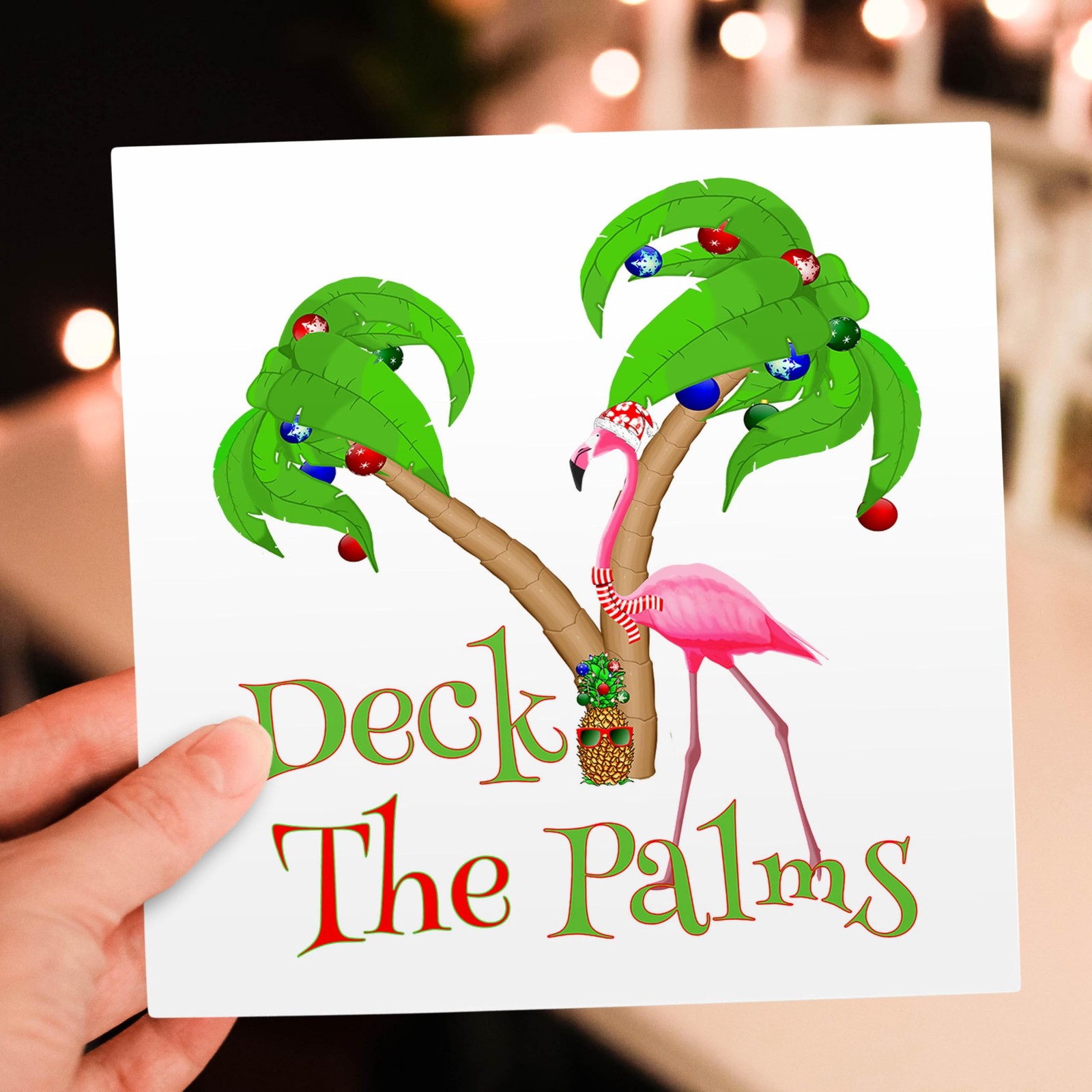 3dRose Deck the Palms Beach Flamingo Christmas Tree Greeting Card