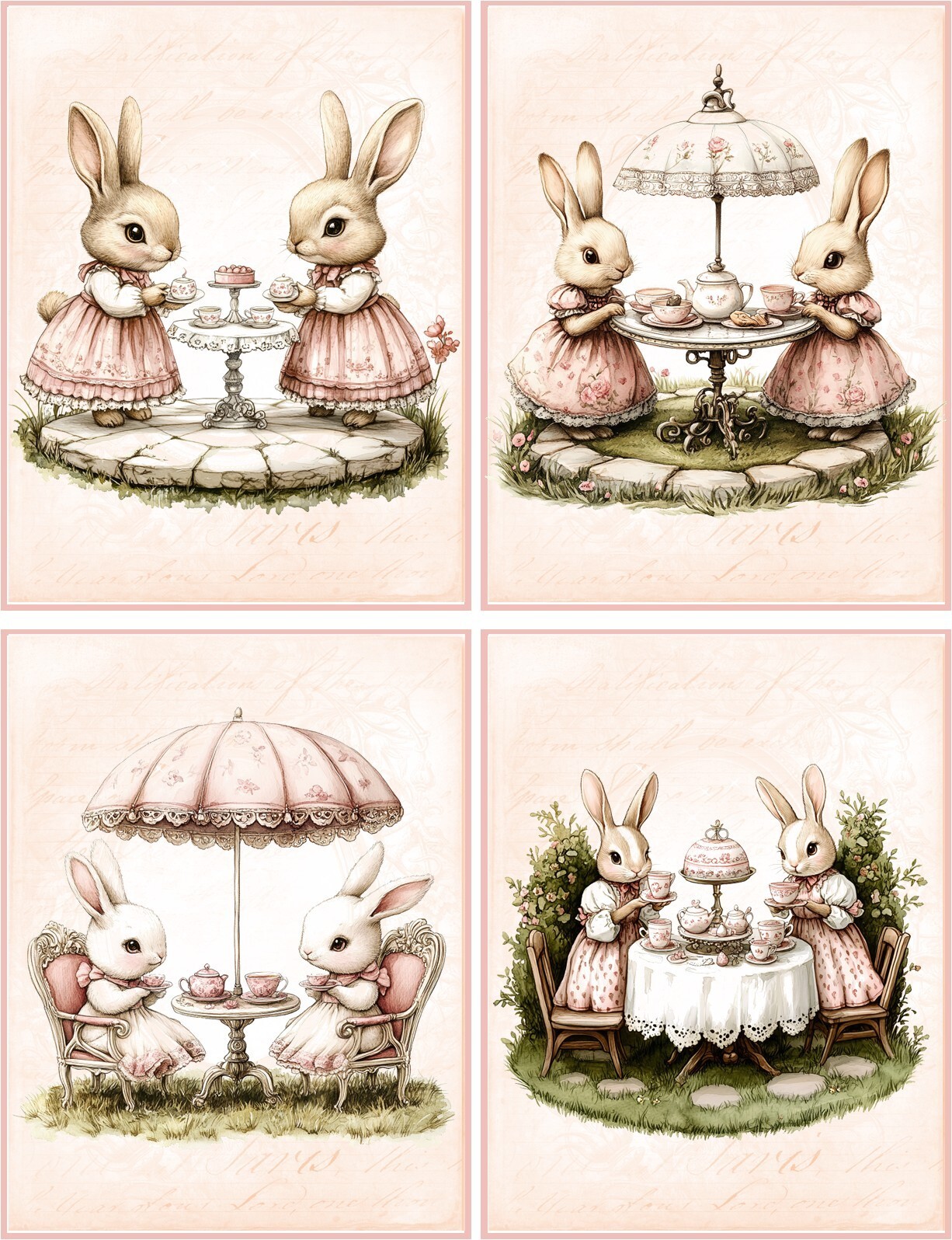 8 cute Bunny Rabbit tea party Vintage glossy blank fold out note card w/envelope