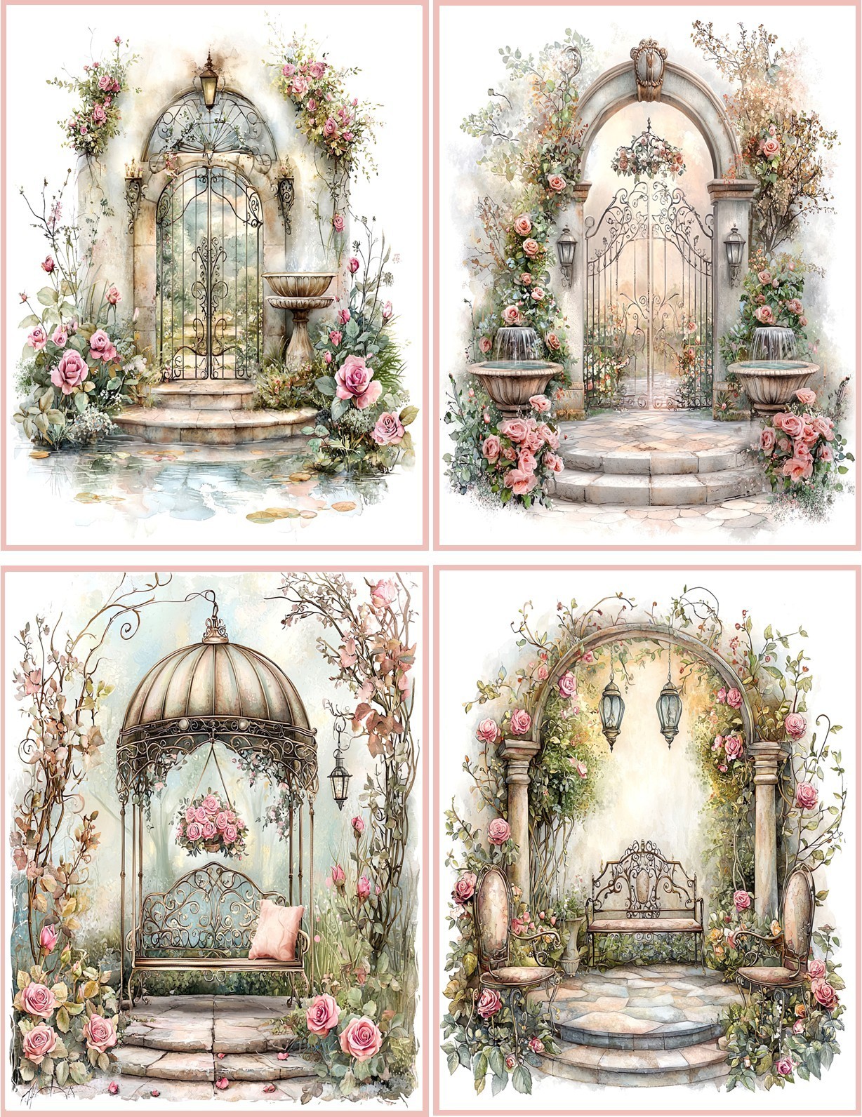8 assorted Vintage gates shabby chic glossy blank folded card pink envelopes