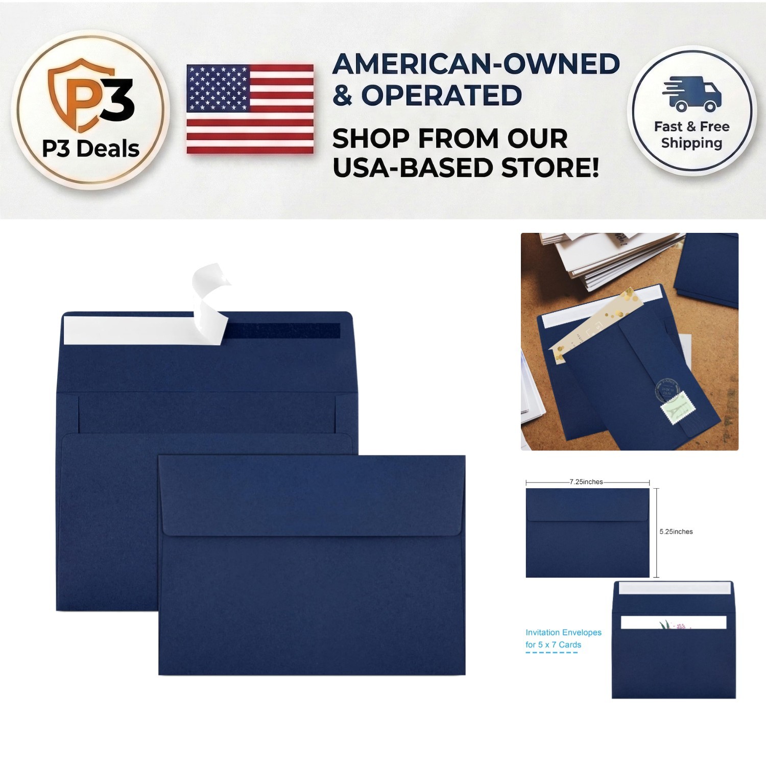 Self-Sealing A7 Navy Blue Envelopes – 50 Pack for Weddings & Special Occasions
