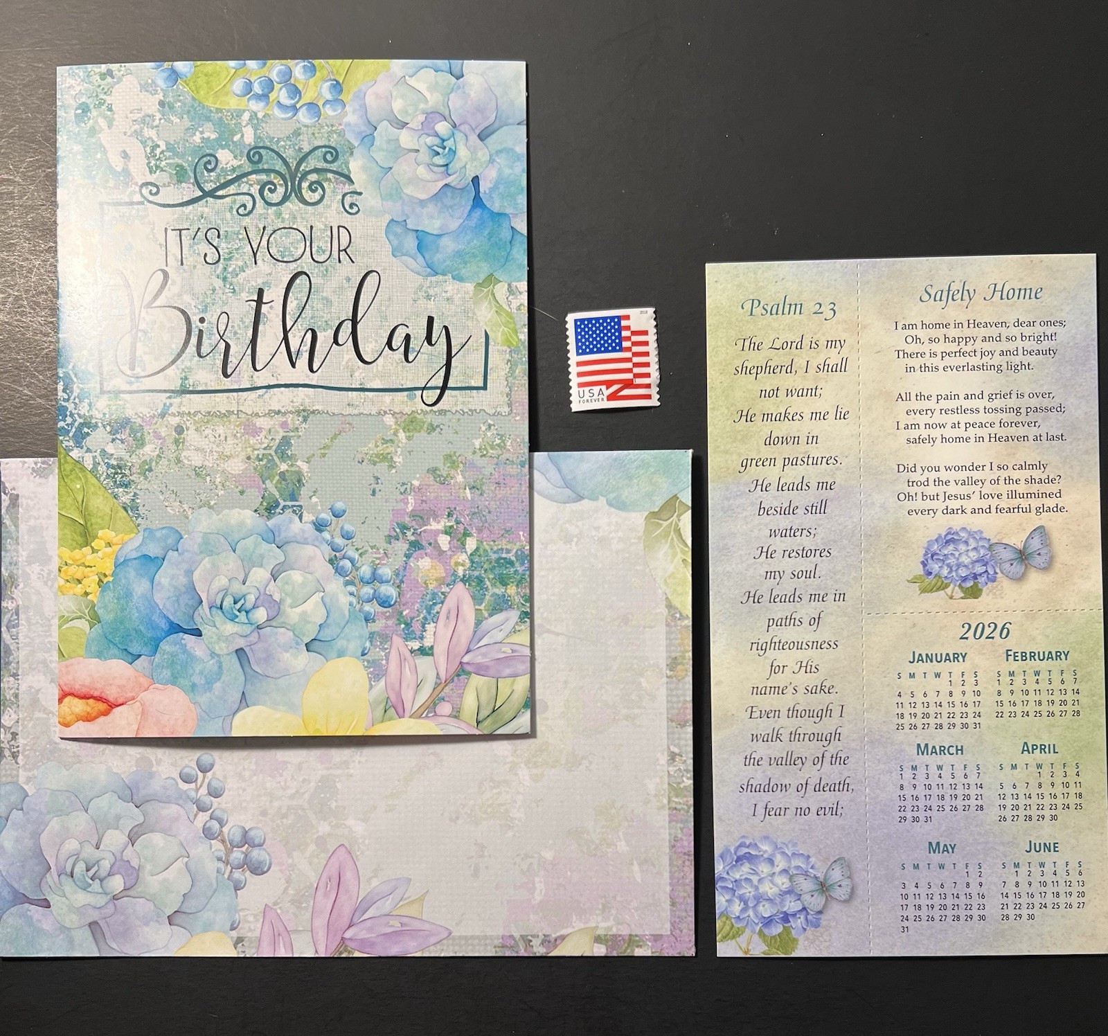 Christian Floral Watercolor BIRTHDAY Card w/2026 Calendar/Bookmark/Env/Stamp