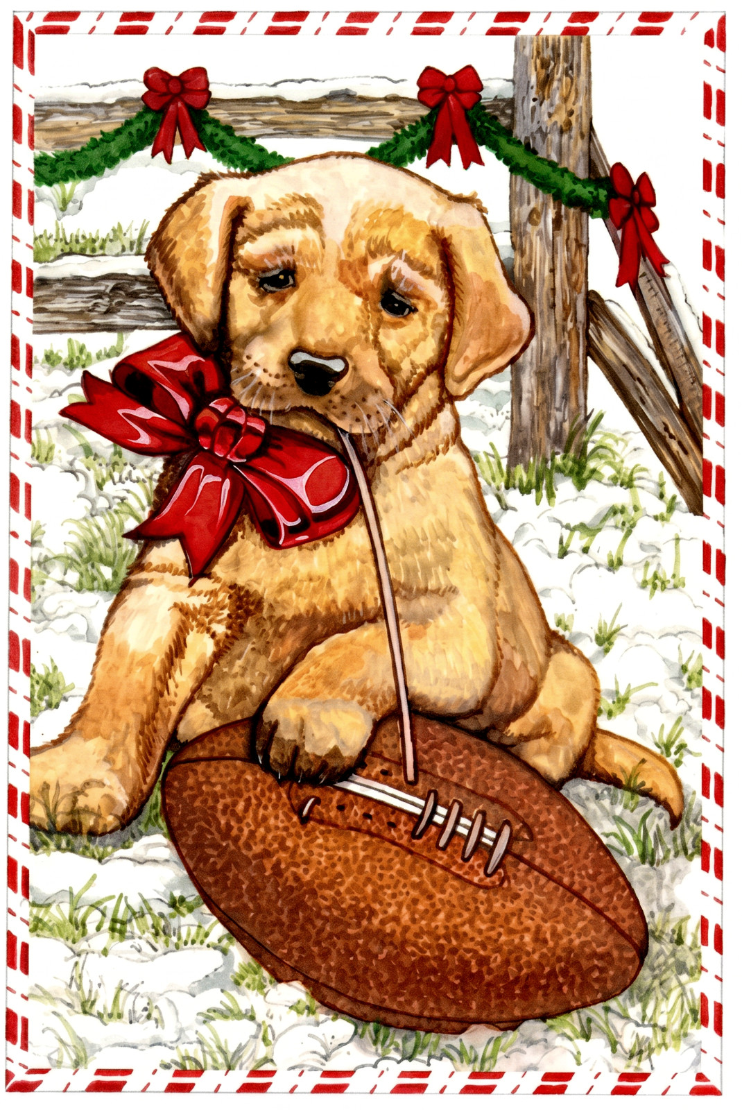 Fantus Christmas Greeting Card Adorable Puppy & Football UNUSED