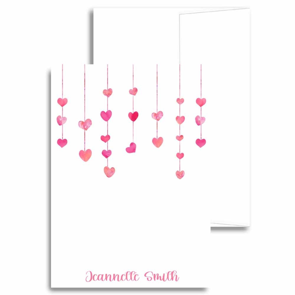 Personalized Pink Dangle Hearts Stationery Note Cards with Name (SETS OF 20)