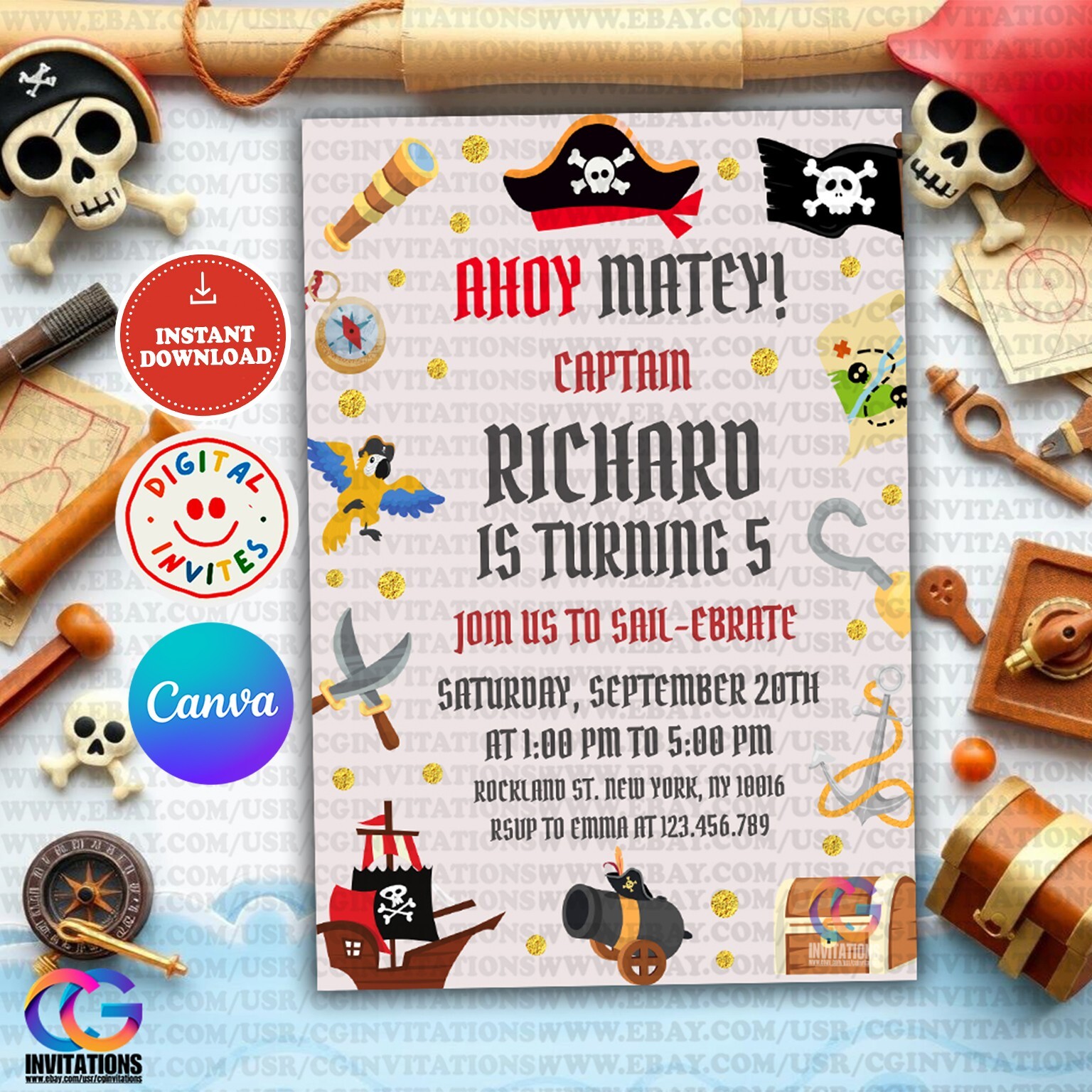 Editable Pirate Birthday Invitation Template, Ahoy Matey Pirate Party Invite