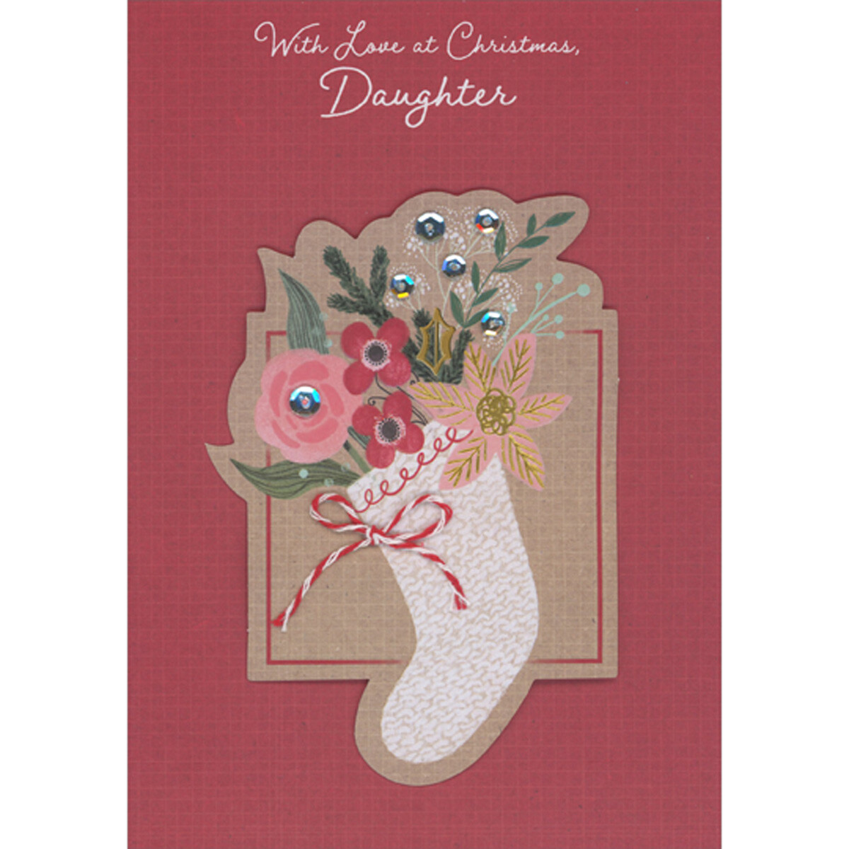 White Stocking on Brown 3D Panel String Bow Sequins Christmas Card Daughter