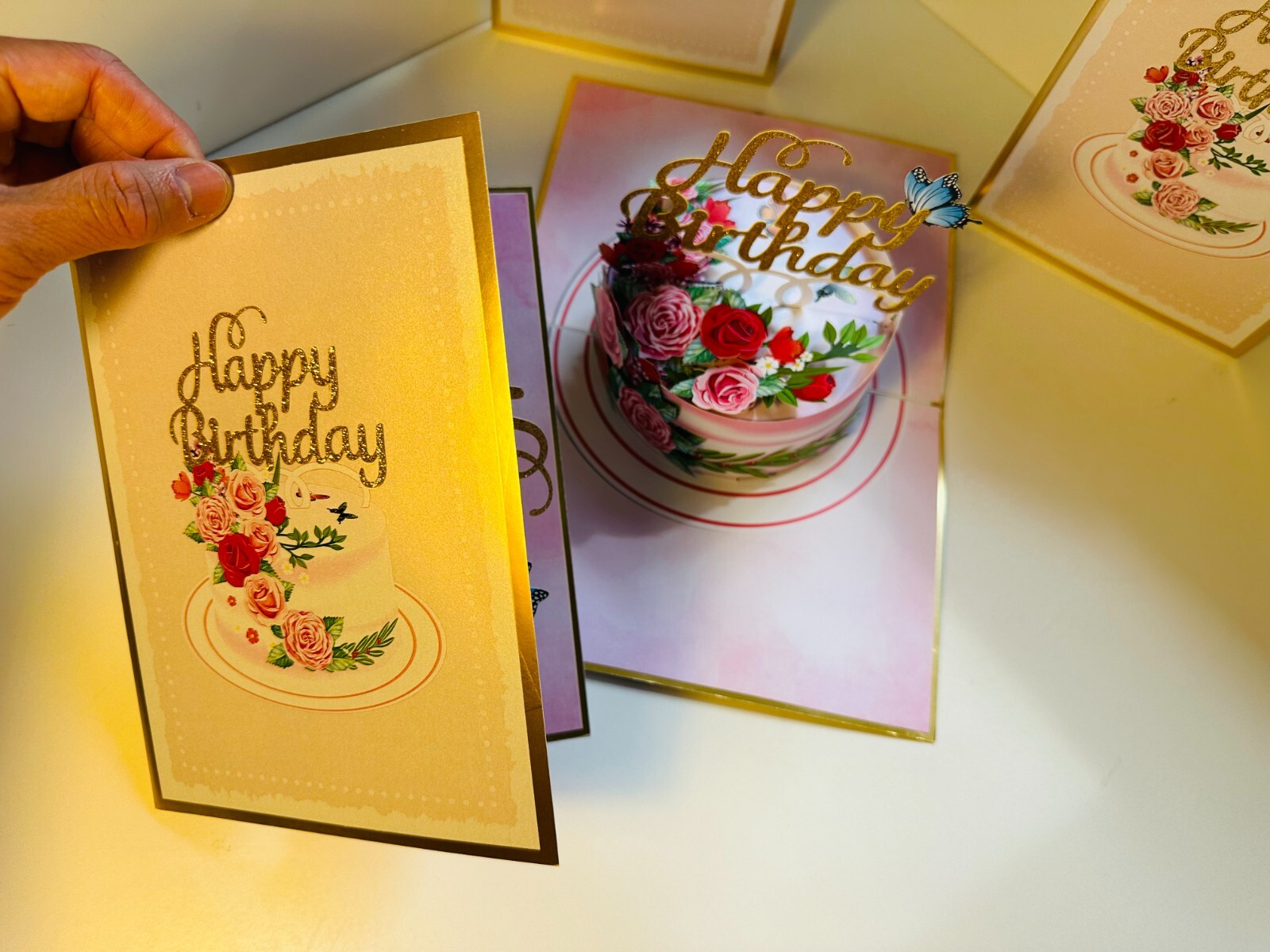 Origami Pop Cards LUXURY Happy Birthday Cake Blue Butterflies Handmade Card