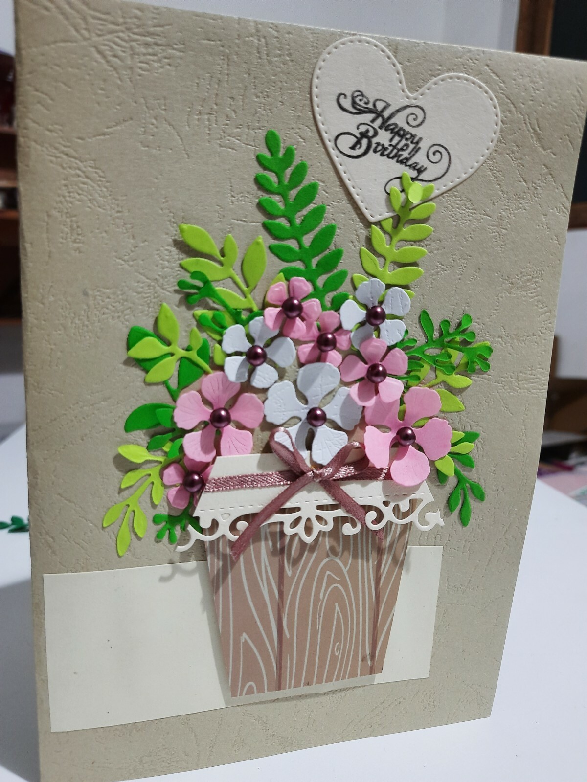 HANDMADE Greeting Cards Birthday Brown Flower Pot with Pink Flower Beads DIY New