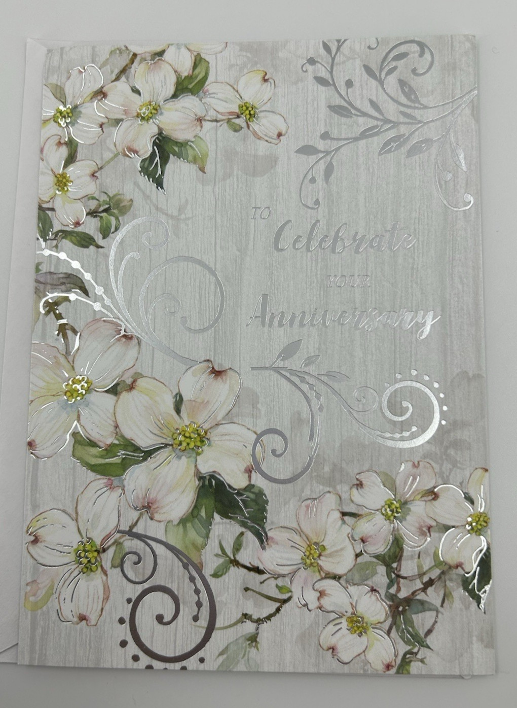 Marriage Anniversary Greeting card White Flowers Silver Swirls Love Current