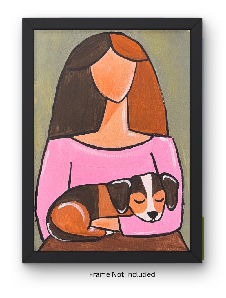 Beagle & Lady Hand-Painted Original Framable Blank Greeting Card 5×7” W/Envelope