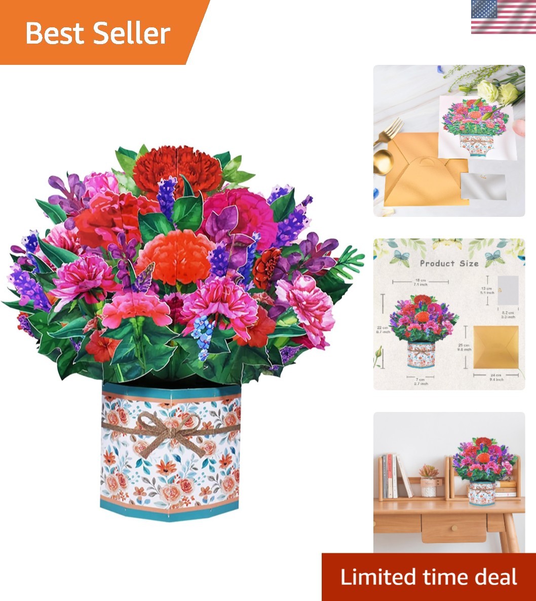 Vivid Floral 3D Greeting Card: Carnation Bouquet Pop-Up with Envelope Included